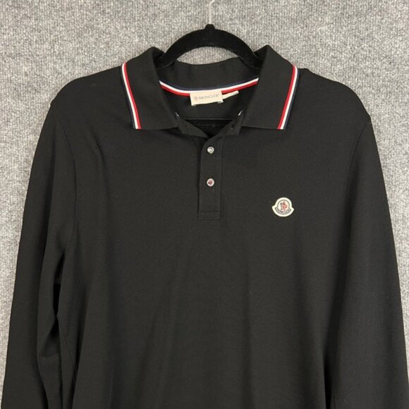 Moncler Long Sleeve Polo Shirt Men's Black Logo Trim Collar Cuffs Size Large - Picture 3 of 13